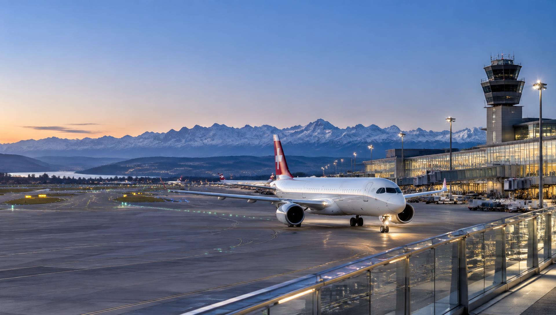 Flugzeug am Flughafen Zürich vor dem Alpenpanorama